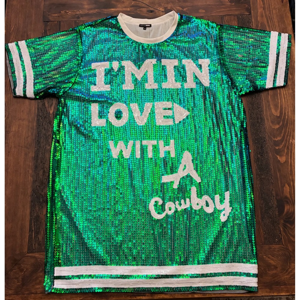 Green Sequin "Im In Love With A Cowboy" Women Dress Bachelorette Festival Bride